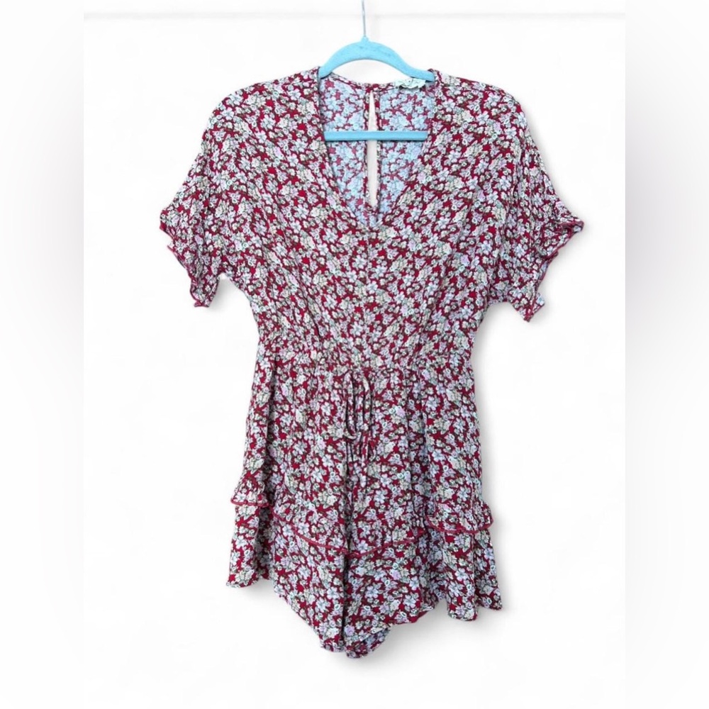 Dress Up Boutique Red Floral Romper Size Medium | Ruffle Hem V-Neck Boho